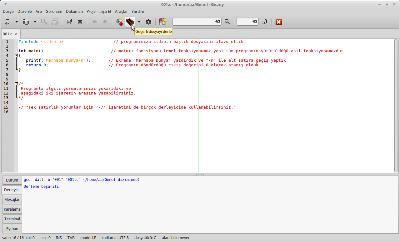 Geany ile Merhaba Dünya