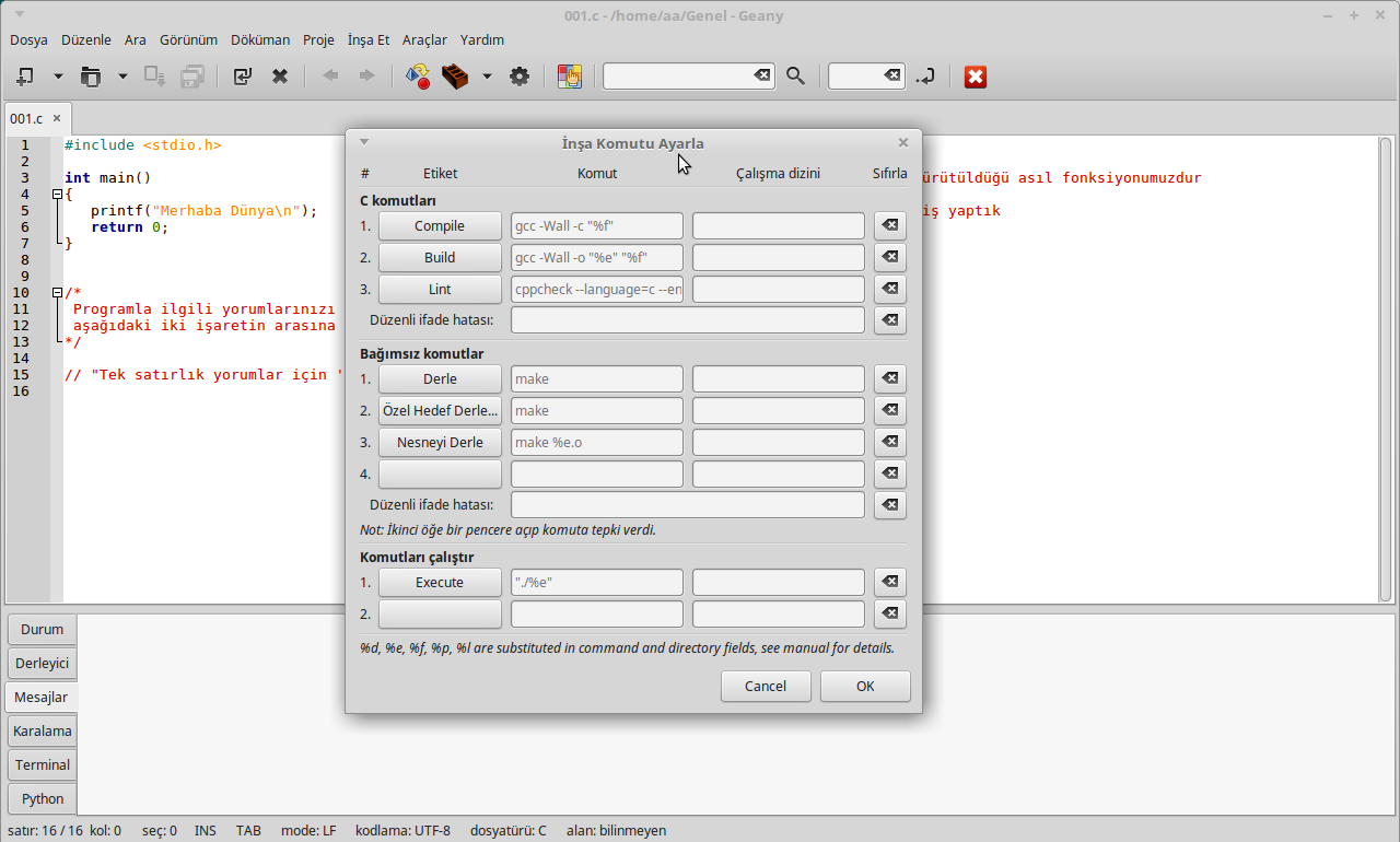 geany derleme-inşa-çalıştırma