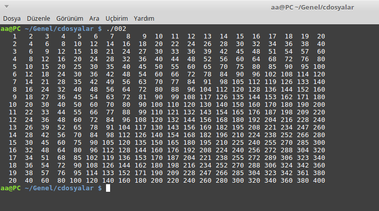 20'lik Çarpım Tablosu